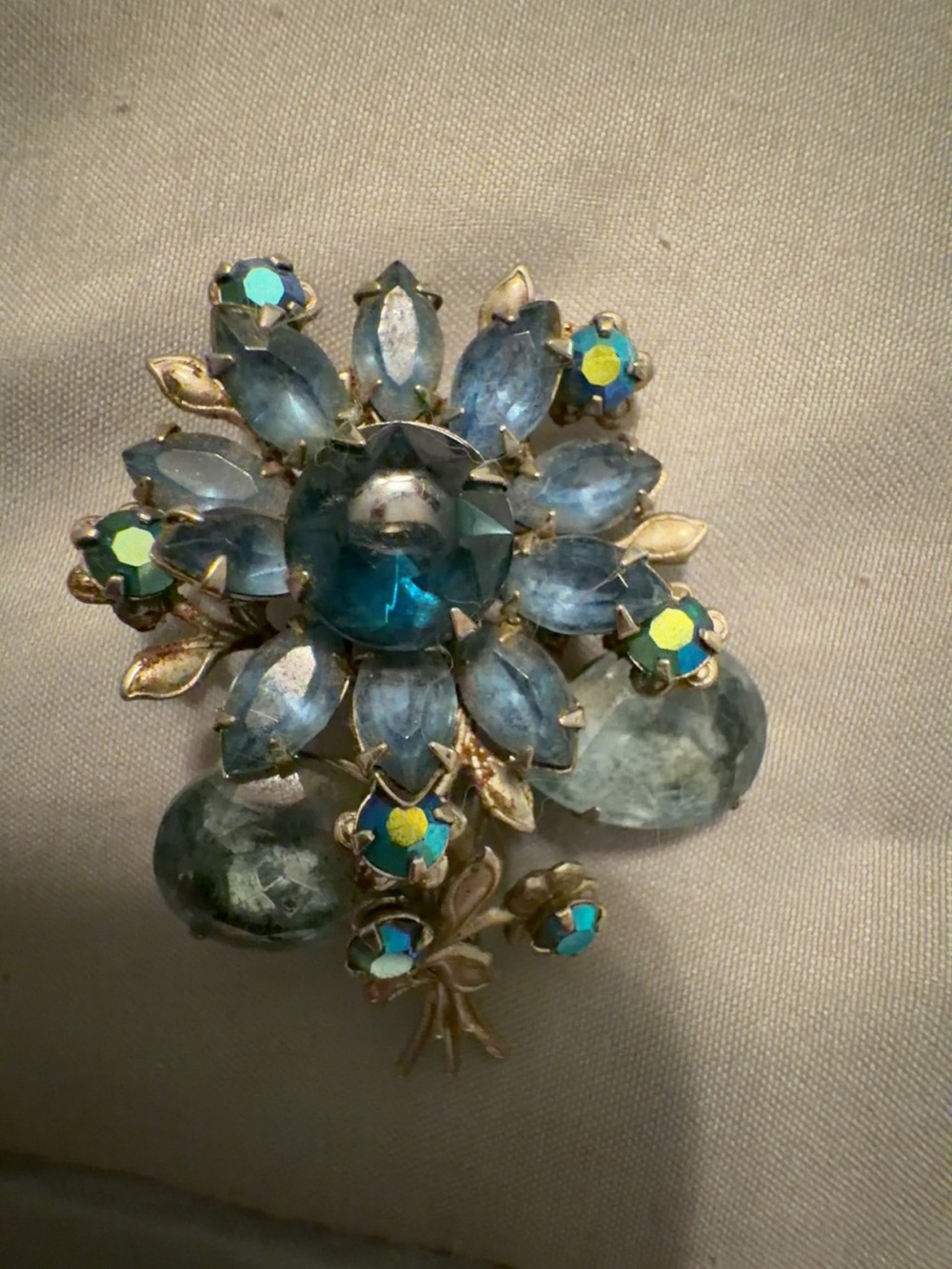 Vintage Blue Crystal Floral Brooch
